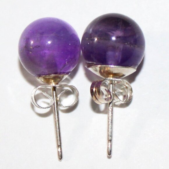 Sterling Silver Amethyst Ball Stud Earrings - Picture 3 of 4